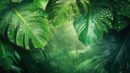 Poster - Lush tropical ivy leaves with raindrops creating a serene nature background in vibrant green hues and soft lighting effects.