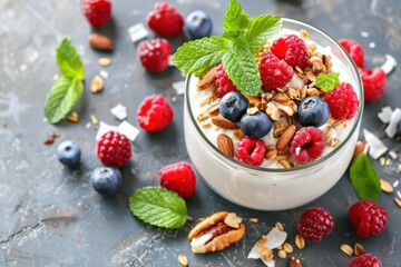 Poster - A vibrant depiction of a dairy-free snack. featuring coconut milk yogurt, berries, and nuts. promoting indulgence without dairy. Ideal for dairy-free guides