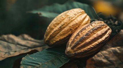 Wall Mural - Cacao pods resting on green leaves showcasing their textured exterior and natural environment in a close-up view