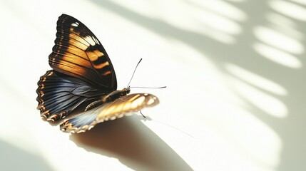Aufkleber - Butterfly perched gracefully on a light surface displaying vibrant colors and intricate patterns with soft shadow play in the background