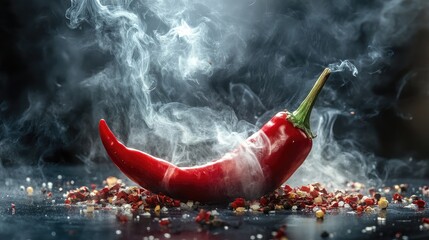 Poster - Aromatic red chili pepper with smoke on a dark background highlighting culinary spice and flavor in cooking and gastronomy themed imagery