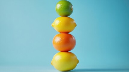 Aufkleber - Pyramid of citrus fruits lemon grapefruit lime orange balanced on a table against a blue background with ample copy space