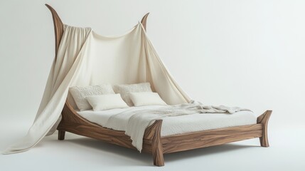Aufkleber - Luxury wooden bed with elegant drapes and soft bedding in serene minimalist bedroom setting