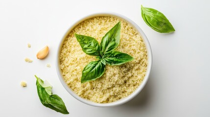 Aufkleber - Granulated garlic and basil in a white bowl with fresh basil leaves arranged on top against a bright background viewed from above