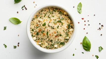 Poster - Bowl of granulated dry garlic and basil with scattered herbs on a white background viewed from above for culinary presentation and recipes.