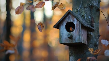 Poster - Birdhouse hanging on a tree surrounded by autumn foliage in a serene forest setting with a blurred background of colorful leaves