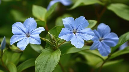 Poster - Delicate blue wildflowers blooming among lush green foliage in a serene natural setting