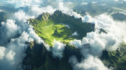 Poster - Aerial view of a lush green mountain surrounded by a vast valley and dramatic clouds creating a picturesque landscape scene