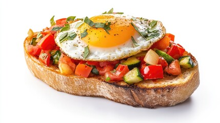 Poster - Bruschetta with fried egg and fresh vegetables on toasted bread against a white background showcasing vibrant colors and textures.