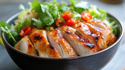 Poster - Grilled chicken breast served with fresh herbs and chili in a stylish bowl for a vibrant and healthy meal presentation.