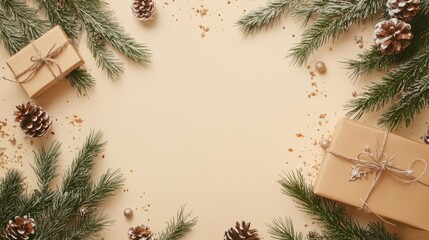 Aufkleber - Beige Christmas background featuring pine branches gift boxes and vintage decorations for a cozy holiday winter celebration flat lay design
