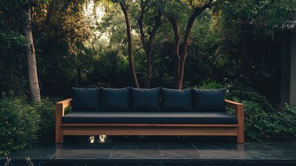 Poster - Stylish outdoor couch surrounded by lush greenery and trees perfect for relaxation in a serene garden setting