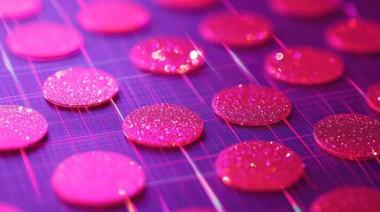 Poster - Neon pink sequins on purple grid background sparkling iridescent texture pattern for vibrant design projects and festive decorations