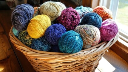 Aufkleber - Colorful assortment of yarn balls in a wicker basket showcasing vibrant textures and hues for knitting and crafting enthusiasts