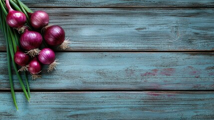 Aufkleber - Fresh red onions on rustic wooden background highlighting their health benefits and nutrient density rich in fiber and antioxidants.