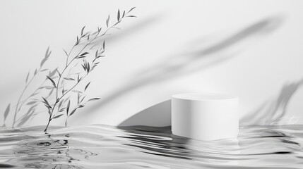 Poster - Abstract nature scene featuring a white cylinder podium on reflective water with plant shadows on a white wall for product display mockups.