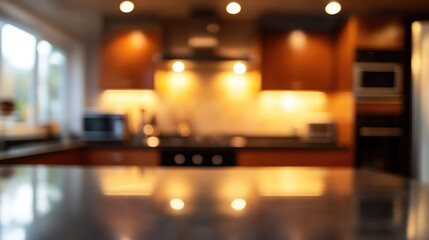 Poster - modern kitchen interior blur background for design and advertising purposes with warm lighting and contemporary appliances