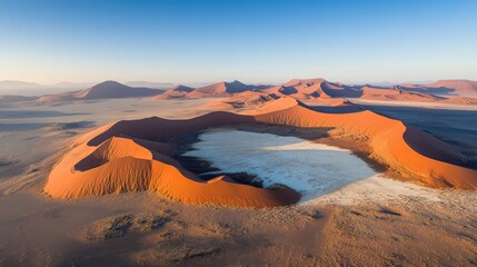 Aufkleber - Aerial view of majestic red sand dunes with salt pans in expansive desert landscape at sunrise