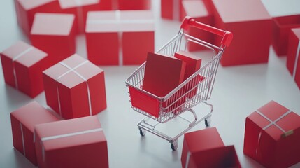 Red shopping cart with paper boxes on white table representing online shopping and home delivery service with ample copy space.