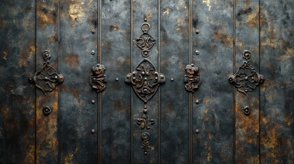 Poster - Vintage forged metal wall with ornate details and a rustic appearance, perfect for backgrounds and texture projects.