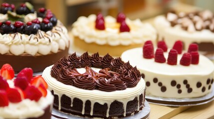 Poster - Assorted delicious birthday cake varieties beautifully displayed in a vibrant setting with fresh fruit toppings and creamy decorations