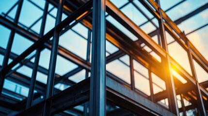 Aufkleber - Steel framework of a modern building with sunlight reflections against a soft blurred background showcasing construction progress and architectural design.