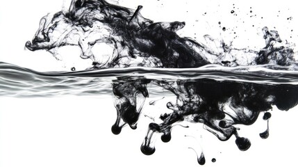 Aufkleber - Black ink dispersion in water creating artistic swirls and patterns on a clean white background showcasing fluid dynamics and contrast