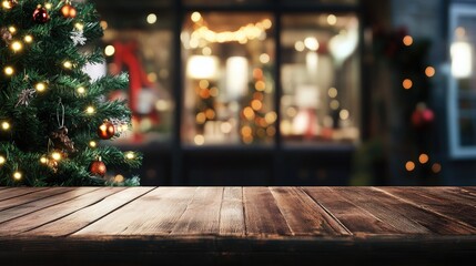 Poster - Blurred Christmas tree with festive window interior and wooden tabletop for elegant product display during the holiday season