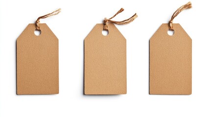 Poster - Blank brown cardboard price tags with string on a white background for labeling and pricing purposes in retail or crafts.