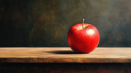 Poster - Red apple resting on a rustic wooden surface with a dark background highlighting its vibrant color and natural texture