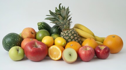 Poster - Assorted fresh fruits and vegetables arranged artfully on a white background showcasing vibrant colors and healthy options for nutrition.