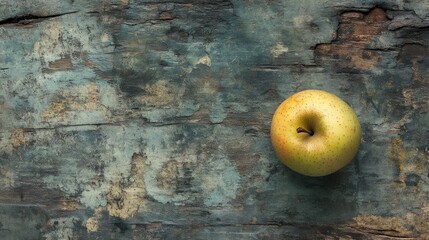 Poster - Fresh apple resting on weathered wooden surface showcasing natural textures and colors in a rustic setting.