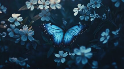 Aufkleber - Blue Morpho Butterfly perched among delicate flowers creating a serene and magical natural scene in soft focused lighting