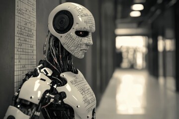 Poster - Robot stands in a futuristic corridor with a striking design and intricate details