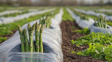Poster - Asparagus field featuring rows with protective plastic covering and fresh asparagus spears emerging from the soil in sunlight.