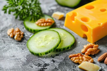 Poster - A vibrant depiction of a low-carb snack. featuring cucumber slices, cheese, and a side of nuts. emphasizing low-carb, nutritious indulgence. Ideal for low-carb guides