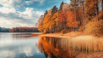Poster - Serene autumn lakeside landscape with vibrant trees and calm water reflecting colorful foliage in warm natural light
