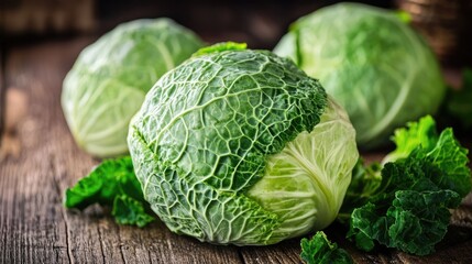 Aufkleber - Fresh green cabbage heads arranged on a rustic wooden table with leafy greens in the background showcasing healthy organic vegetables.