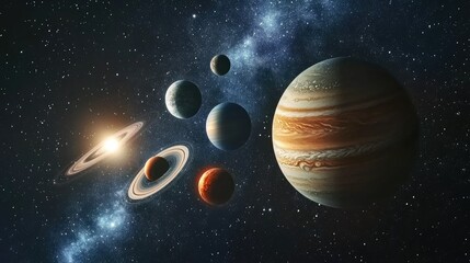 Aufkleber - Artistic representation of the solar system featuring colorful planets and swirling gas against a stunning starry background.