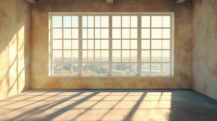 Poster - Spacious sunlit room with large windows and bare walls ideal for renovation or decoration projects showcasing a concrete floor