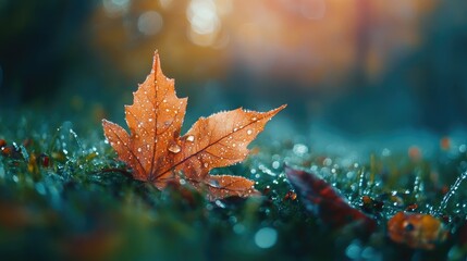 Poster - Autumn maple leaf glistening with dew on lush green forest floor during a tranquil morning in nature's vibrant landscape