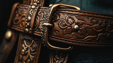 Aufkleber - Intricately Designed Leather Belt Close-Up Showcasing Detailed Embossing in a Studio Setting