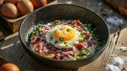 Aufkleber - Delicious Carbonara Pasta Dish with Bacon Egg Yolk and Fresh Herbs on Rustic Table Captured in Natural Sunlight