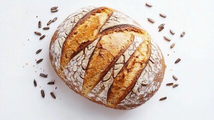 Aufkleber - Artisan French rye bread loaf with sunflower seeds beautifully presented on a clean white background showcasing its crusty texture and design.