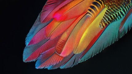Aufkleber - Colorful bird feather detail against a black background showcasing vibrant hues and intricate patterns of nature's beauty.