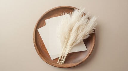 Aufkleber - Minimalist Greeting Card Mockup with Pampas Grass on Wooden Plate in Beige Workspace Flat Lay Composition