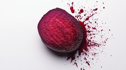 Aufkleber - Fresh beetroot cut in half with vibrant purple color and splattered juice on a clean white background showcasing its natural texture and freshness.