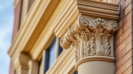Poster - Architectural close-up of a classic column with intricate detailing showcasing ornate craftsmanship in historical building design.