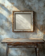 Poster - A vintage frame hangs on a textured wall above a rustic wooden table, inviting art display.