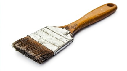 Poster - Old wooden paintbrush with bristles resting on a white background showcasing wear and character ideal for art and DIY projects